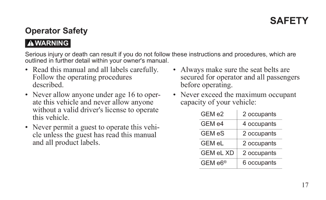 GEM 419C manual Operator Safety 