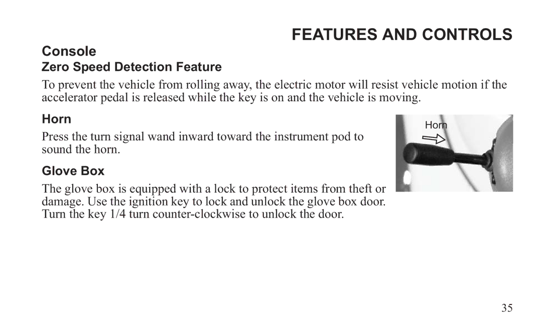 GEM 419C manual Zero Speed Detection Feature, Horn, Glove Box 