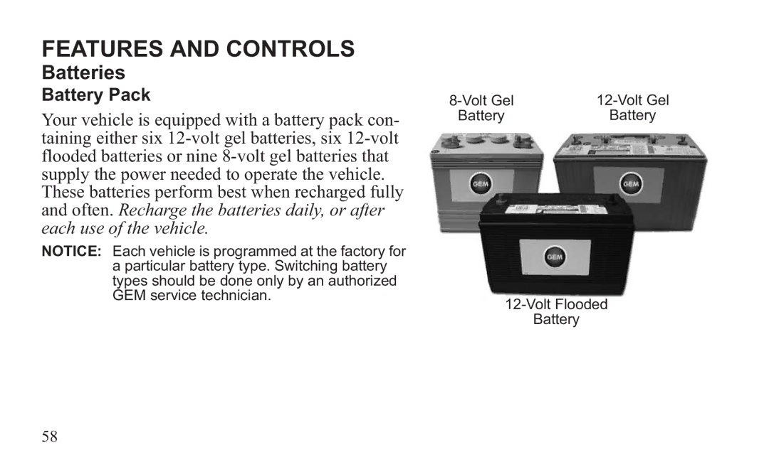 GEM 419C manual Batteries, Battery Pack 