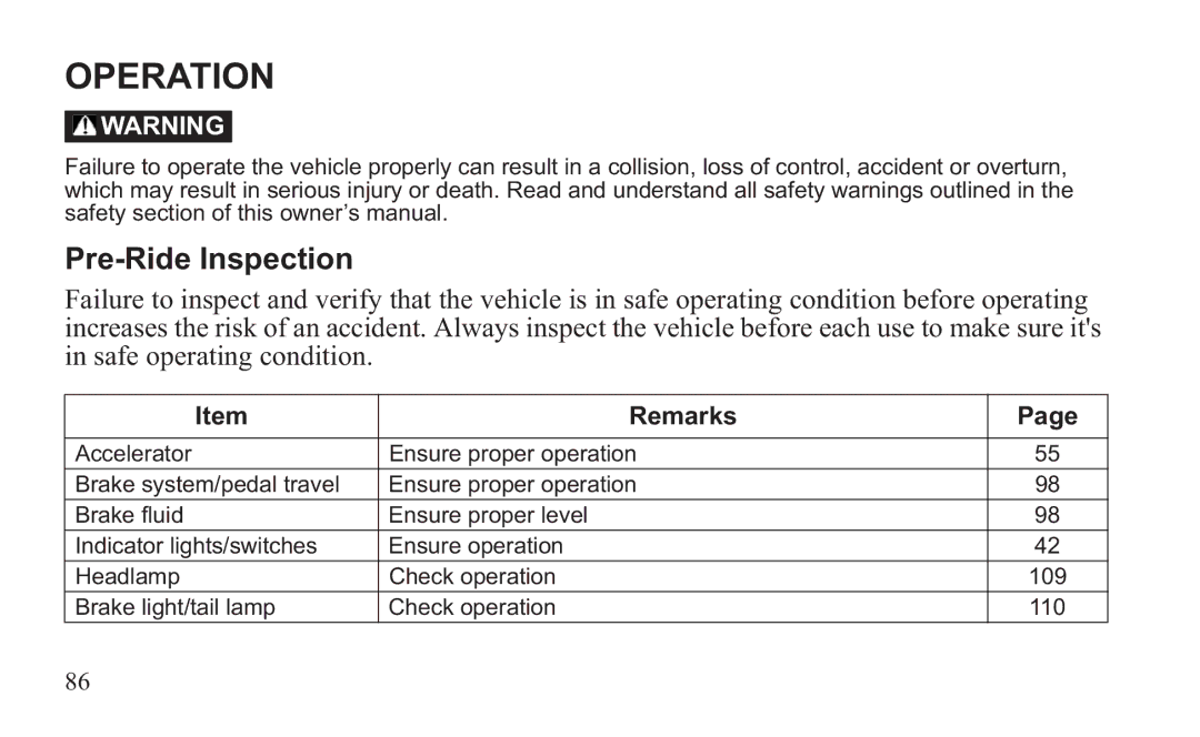 GEM 419C manual Operation, Pre-Ride Inspection 