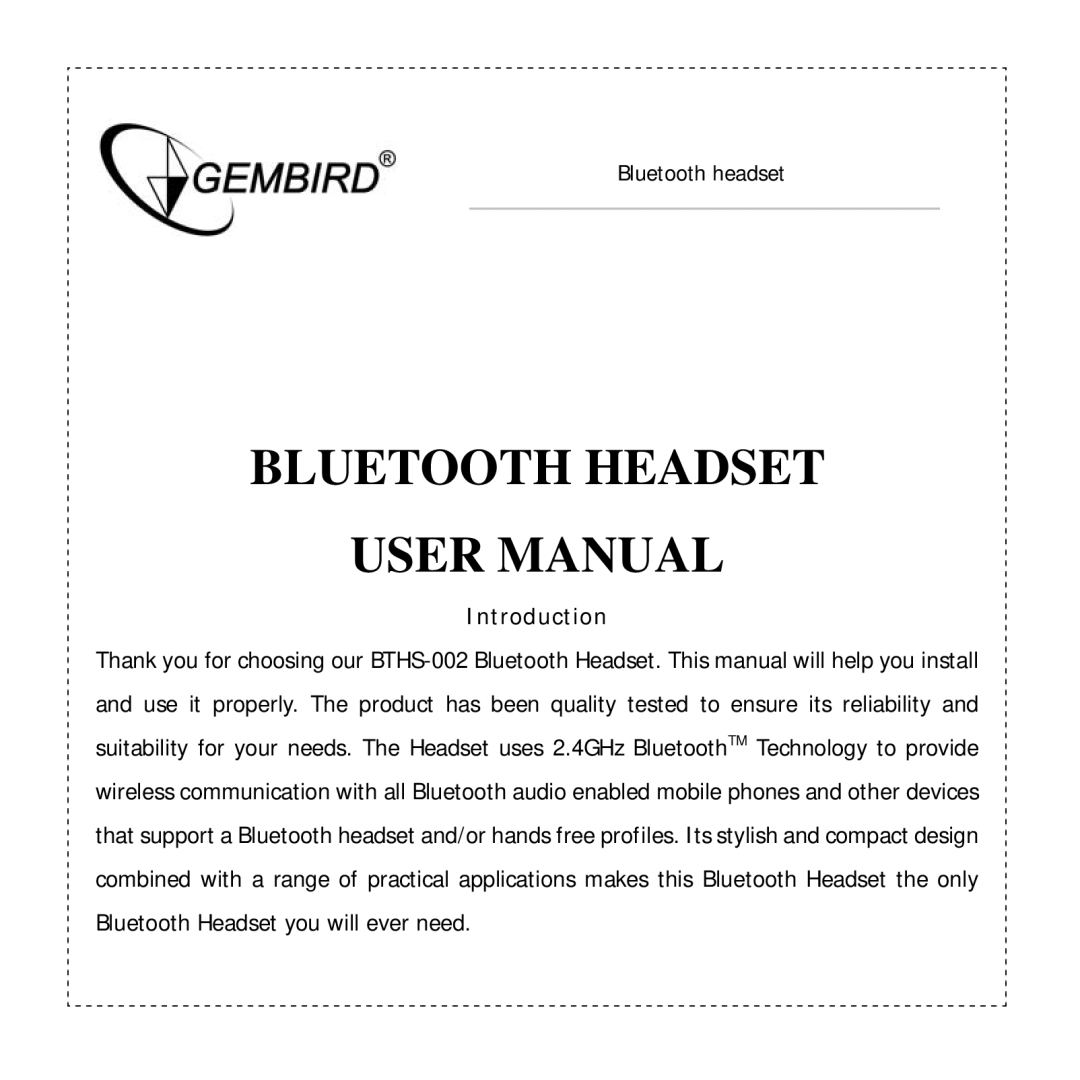 Gembird BTHS-002 manual Bluetooth Headset, Introduction 