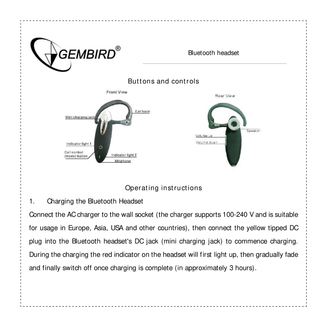 Gembird BTHS-002 manual Buttons and controls Operating instructions, Charging the Bluetooth Headset 