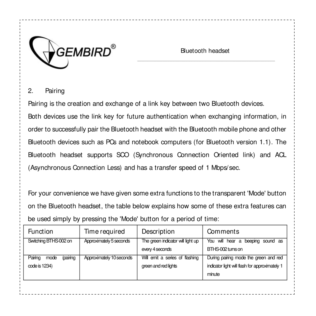 Gembird BTHS-002 manual Function Time required Description Comments 