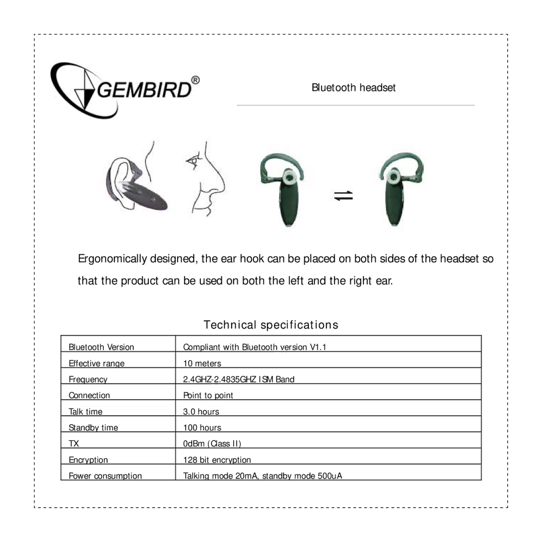 Gembird BTHS-002 manual Technical specifications 