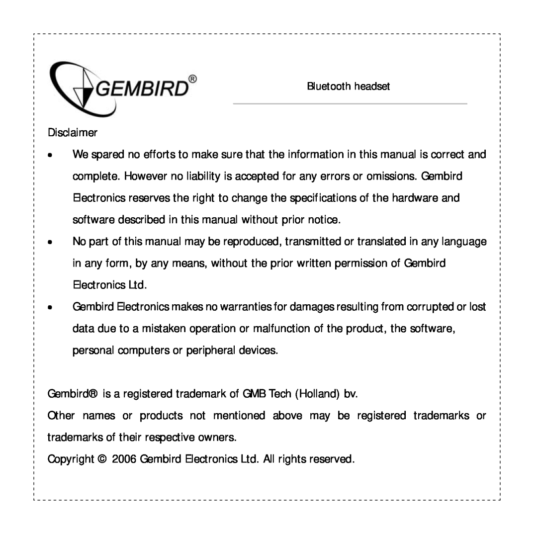 Gembird BTHS-002 manual Disclaimer 