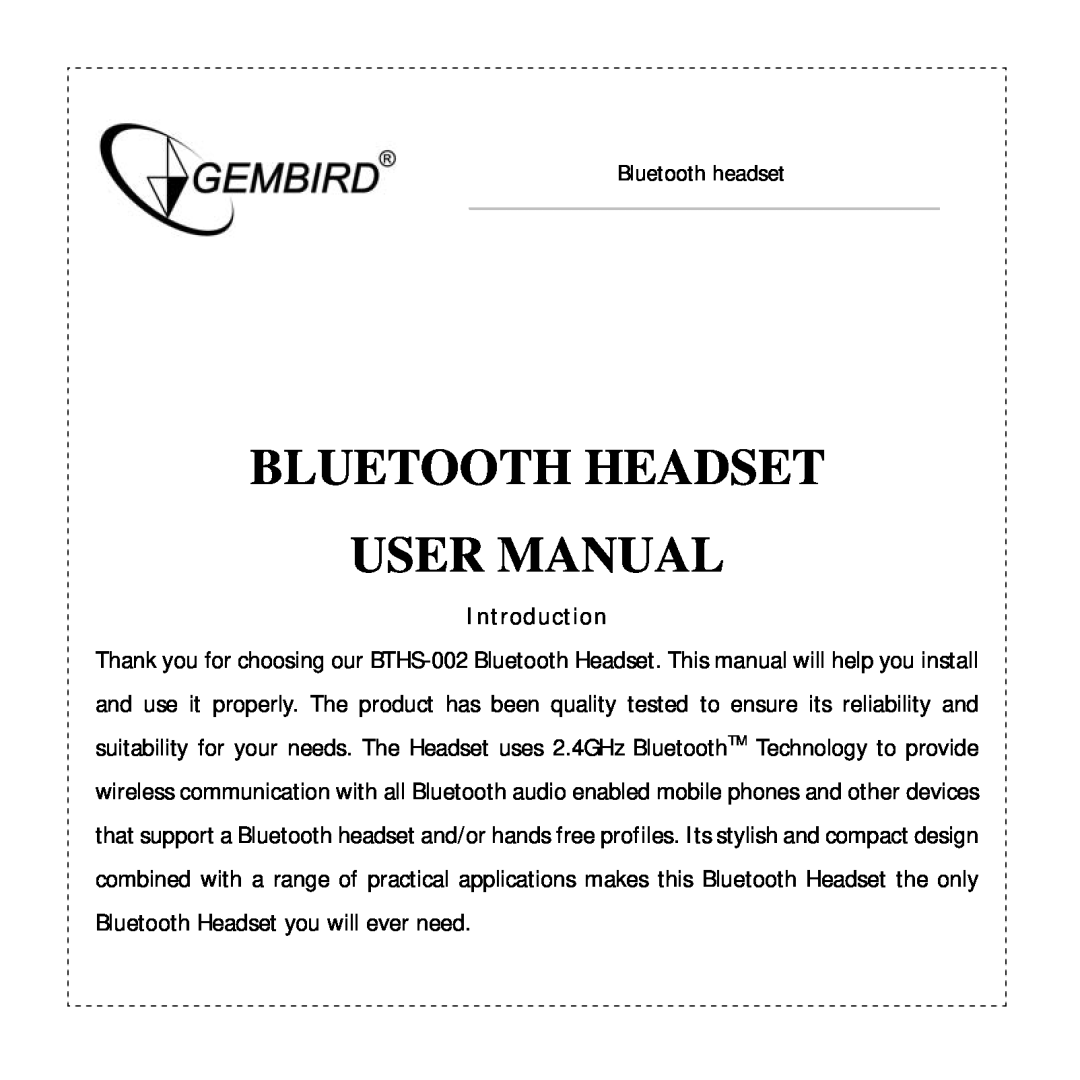 Gembird BTHS-002 manual Introduction 