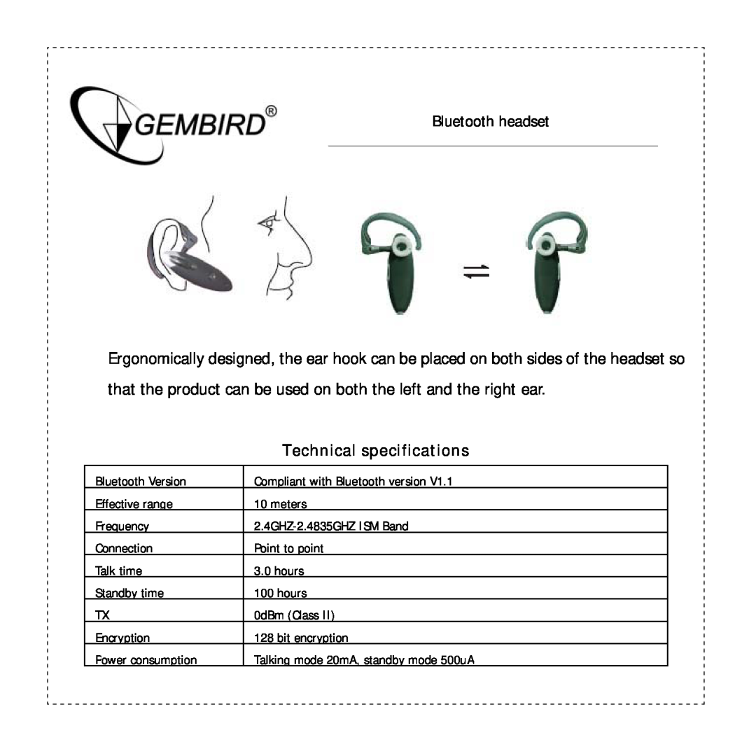 Gembird BTHS-002 manual Technical specifications 