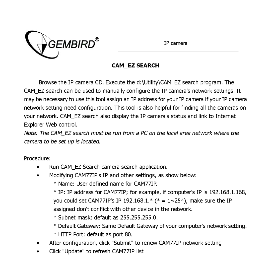 Gembird CAM77IP manual Camez Search 