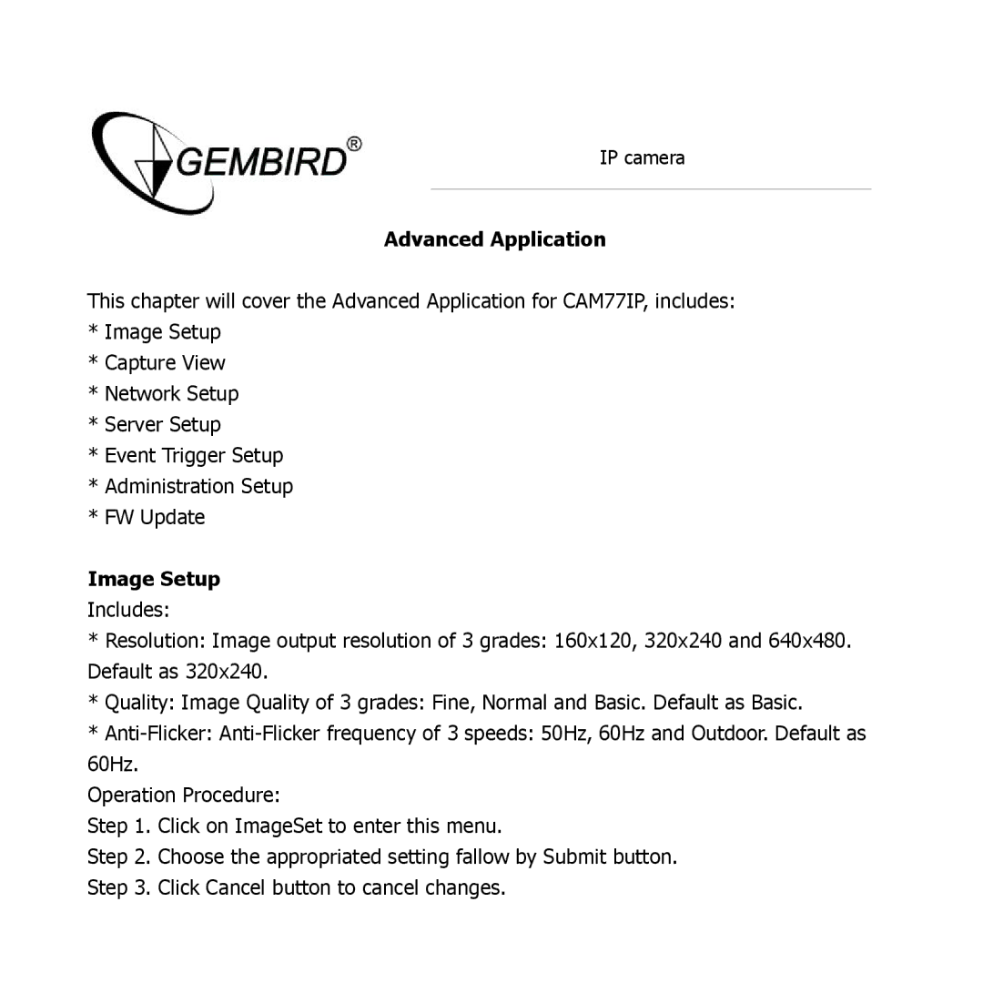 Gembird CAM77IP manual Advanced Application, Image Setup 