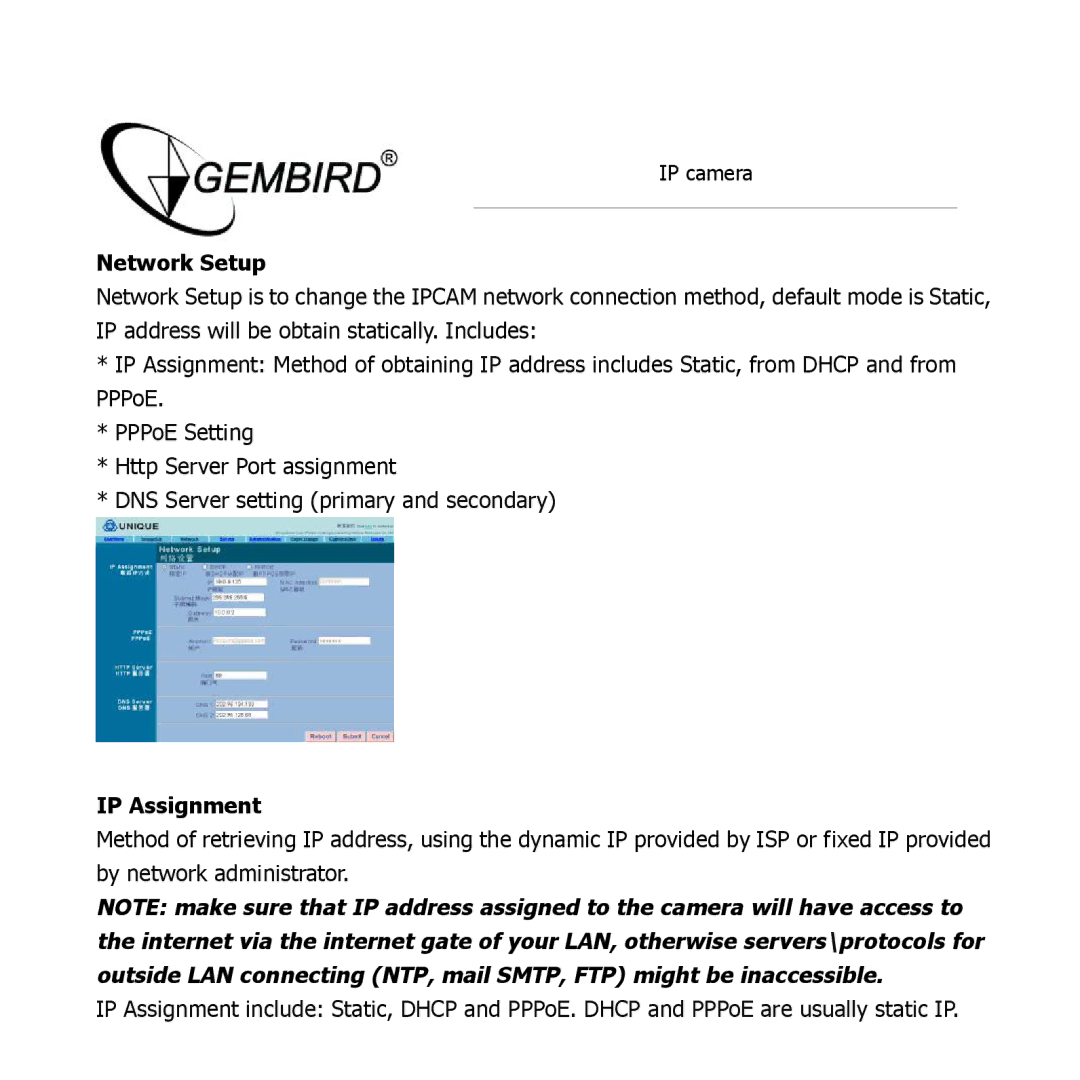 Gembird CAM77IP manual Network Setup, IP Assignment 