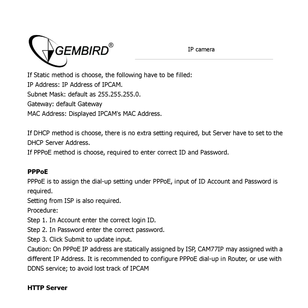 Gembird CAM77IP manual PPPoE, Http Server 