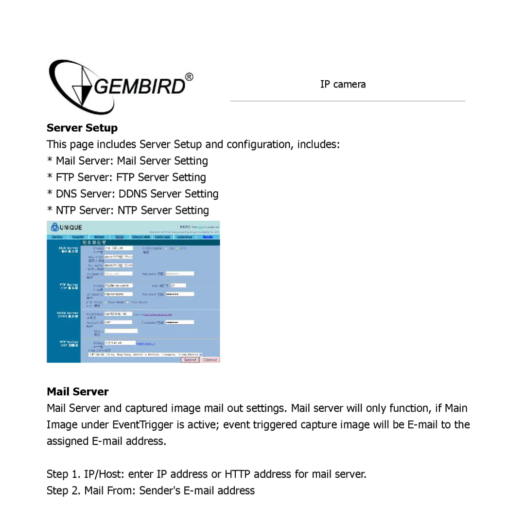 Gembird CAM77IP manual Server Setup, Mail Server 