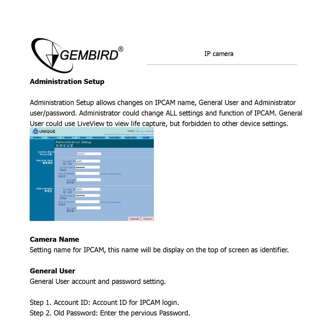 Gembird CAM77IP manual Administration Setup, Camera Name, General User 