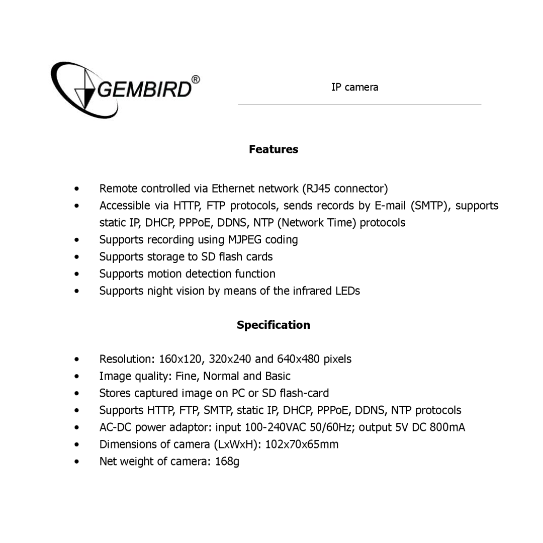 Gembird CAM77IP manual Features, Specification 