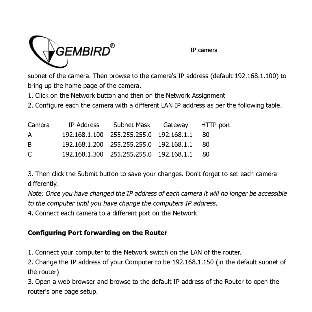 Gembird CAM77IP manual Configuring Port forwarding on the Router 