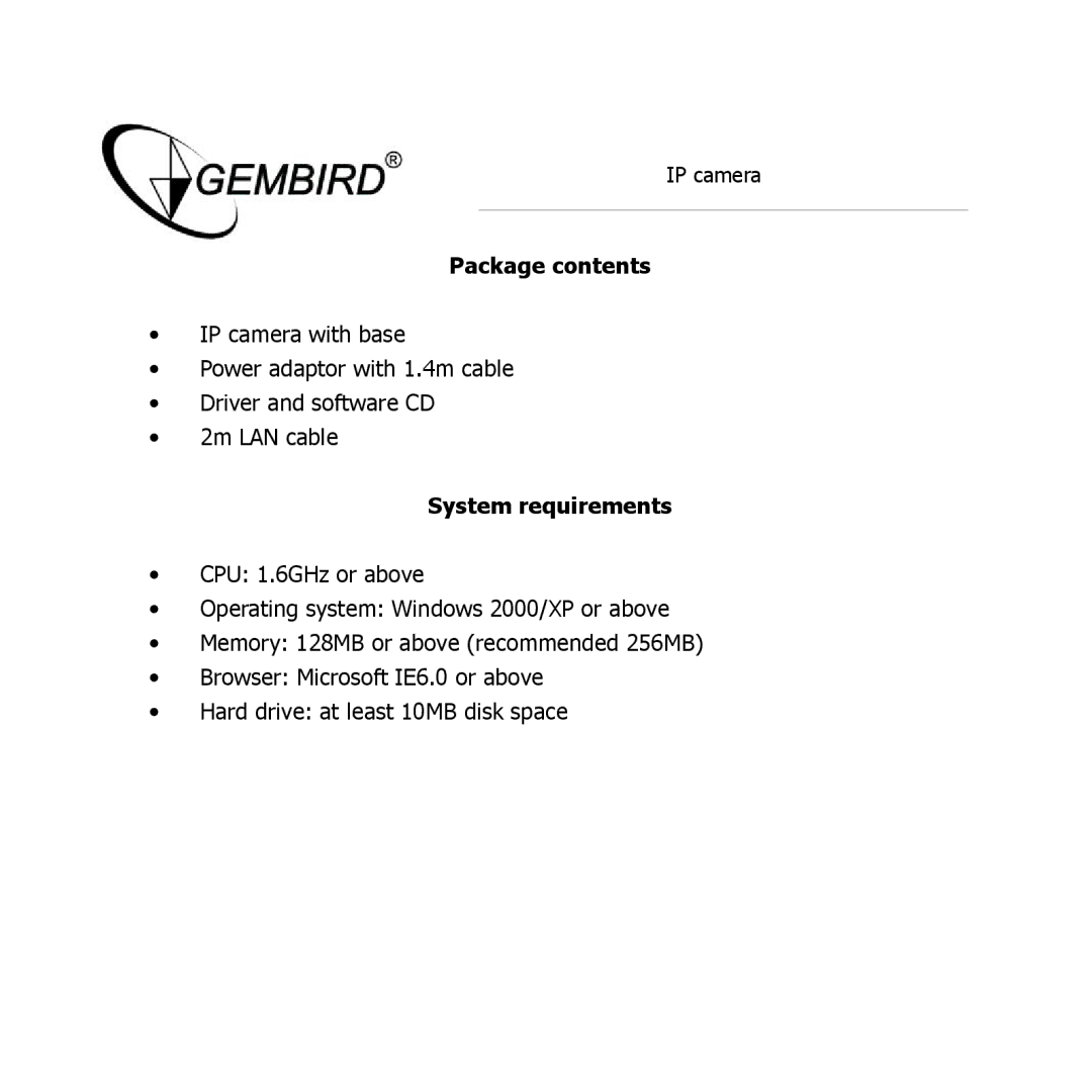 Gembird CAM77IP manual Package contents, System requirements 