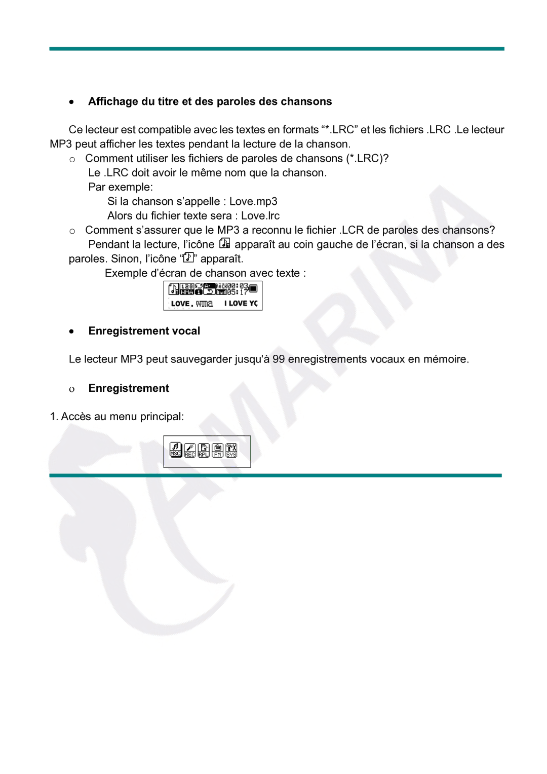 Gembird LECTEUR MOBILITY CLASSIC MP3 manual Affichage du titre et des paroles des chansons, Enregistrement vocal 