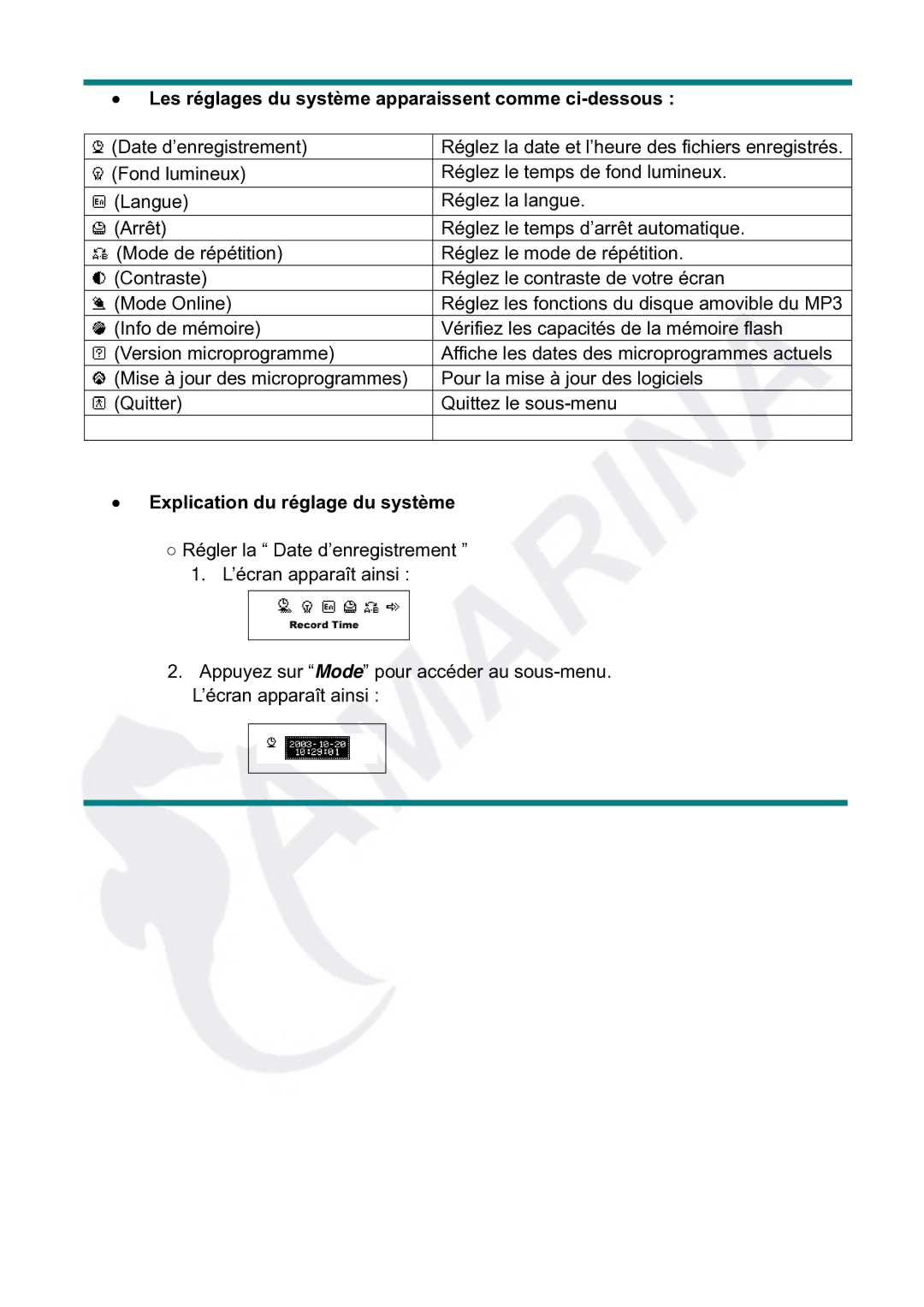 Gembird LECTEUR MOBILITY CLASSIC MP3 manual Les réglages du système apparaissent comme ci-dessous 