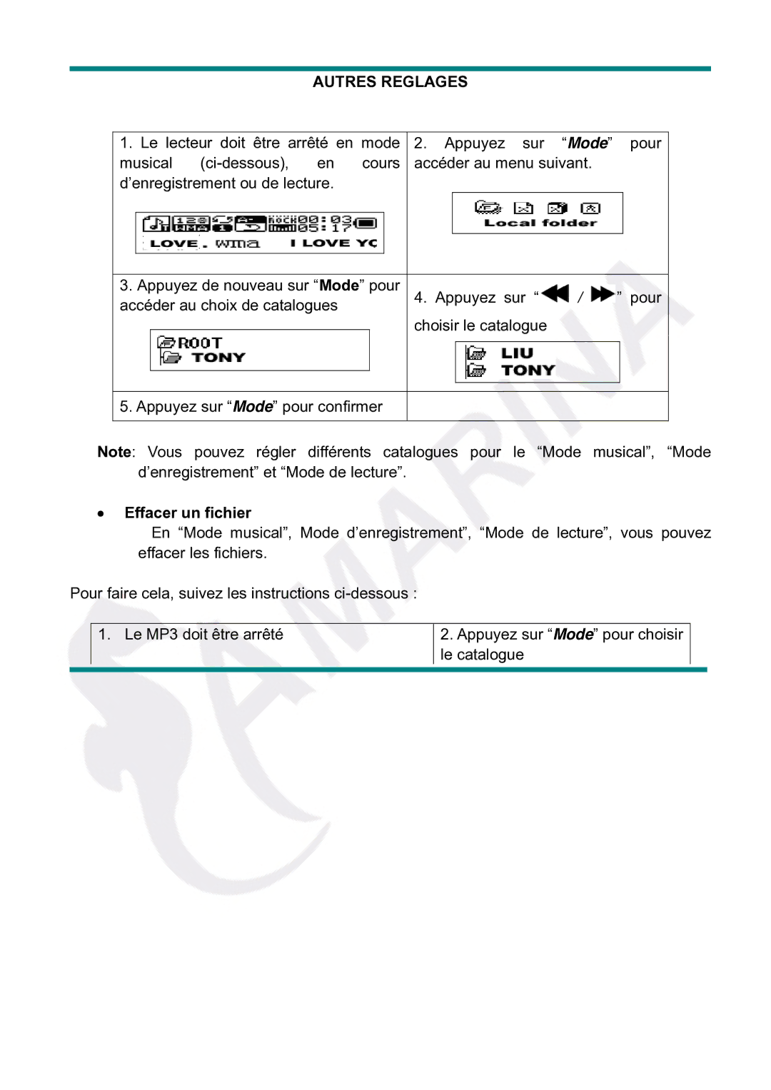 Gembird LECTEUR MOBILITY CLASSIC MP3 manual Autres Reglages, Effacer un fichier 