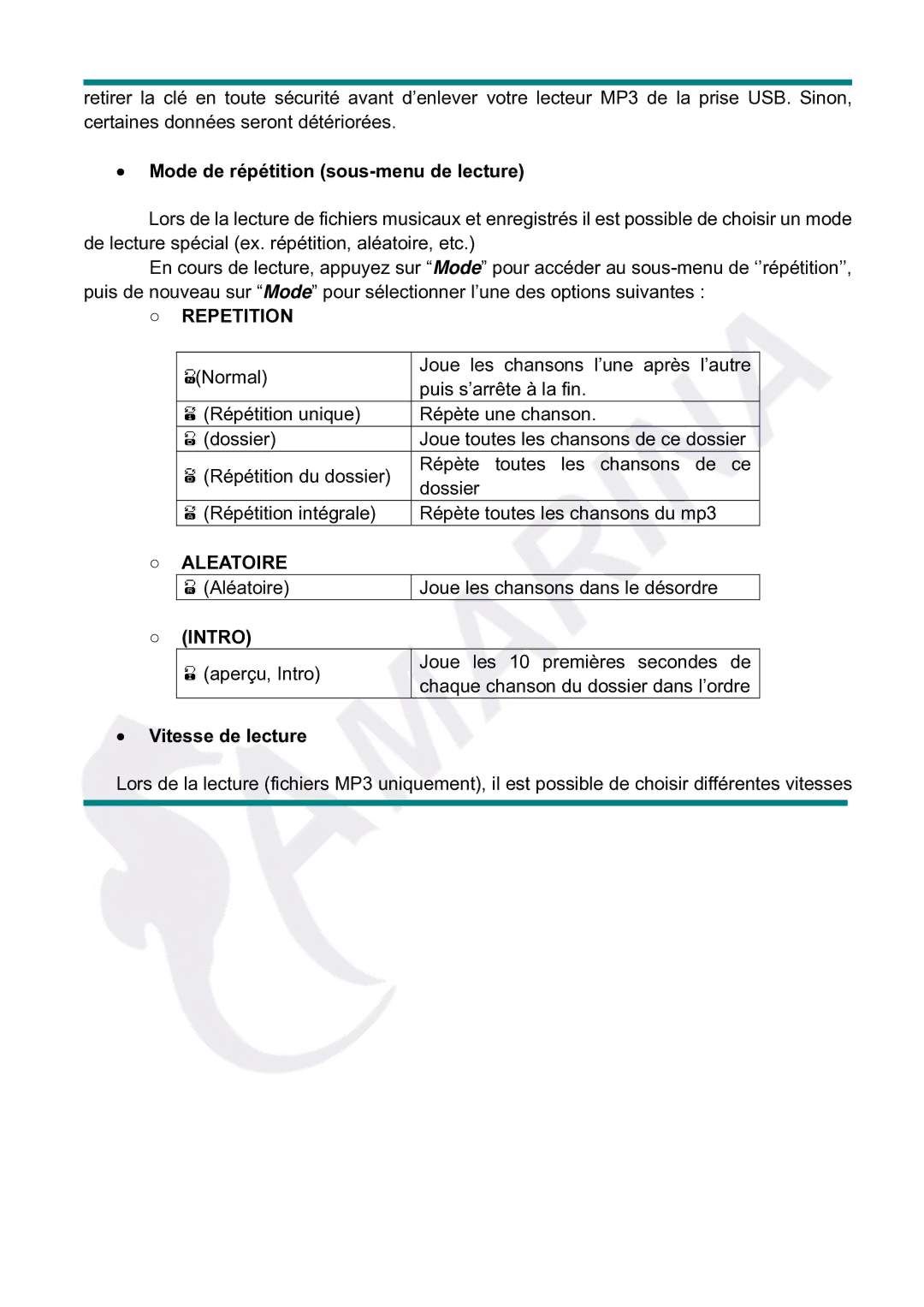 Gembird LECTEUR MOBILITY CLASSIC MP3 manual Mode de répétition sous-menu de lecture, Repetition, Aleatoire, Intro 