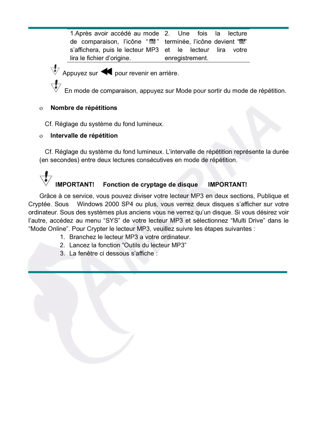 Gembird LECTEUR MOBILITY CLASSIC MP3 manual Nombre de répétitions, Intervalle de répétition 