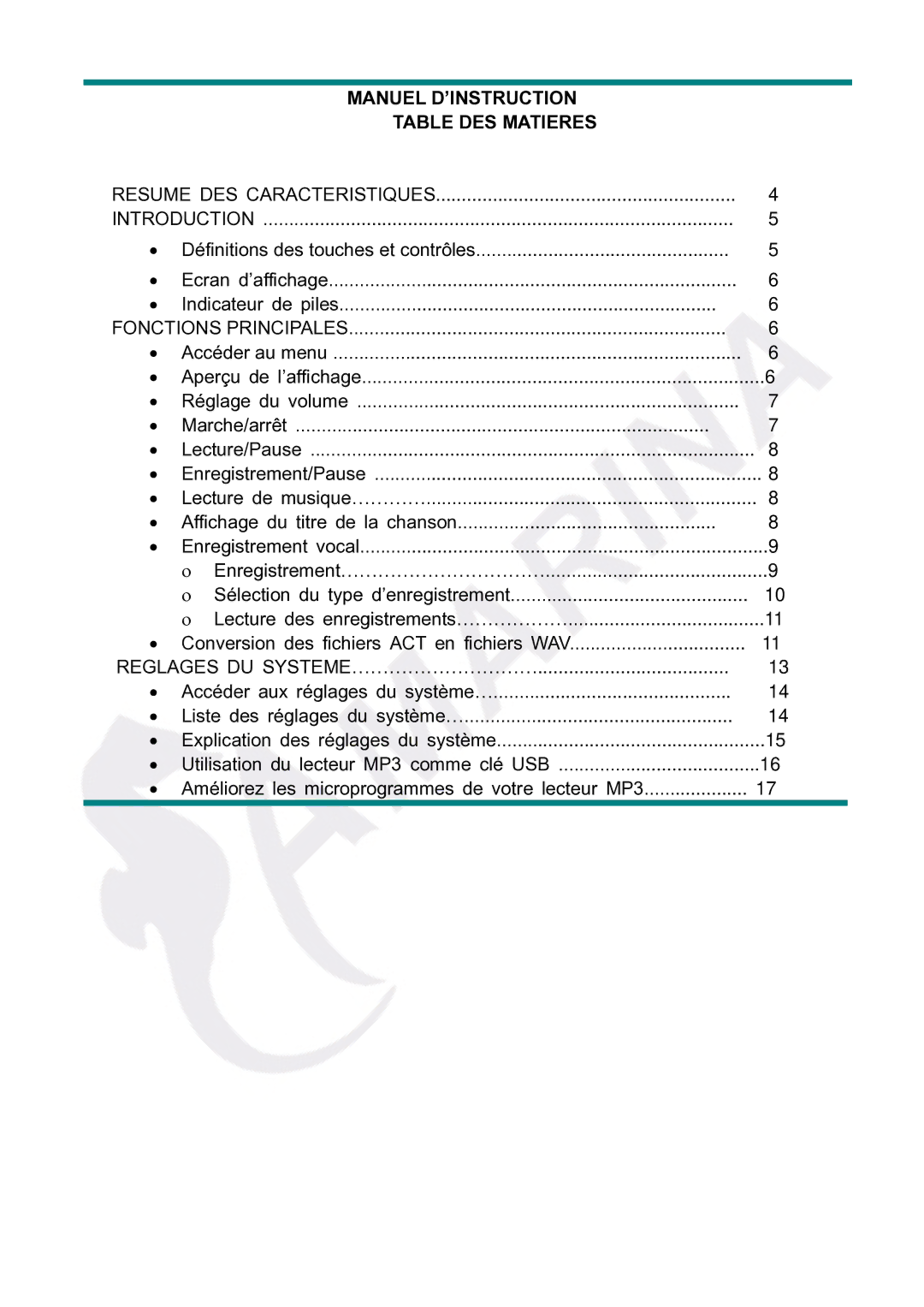 Gembird LECTEUR MOBILITY CLASSIC MP3 manual Manuel D’INSTRUCTION Table DES Matieres, Fonctions Principales 