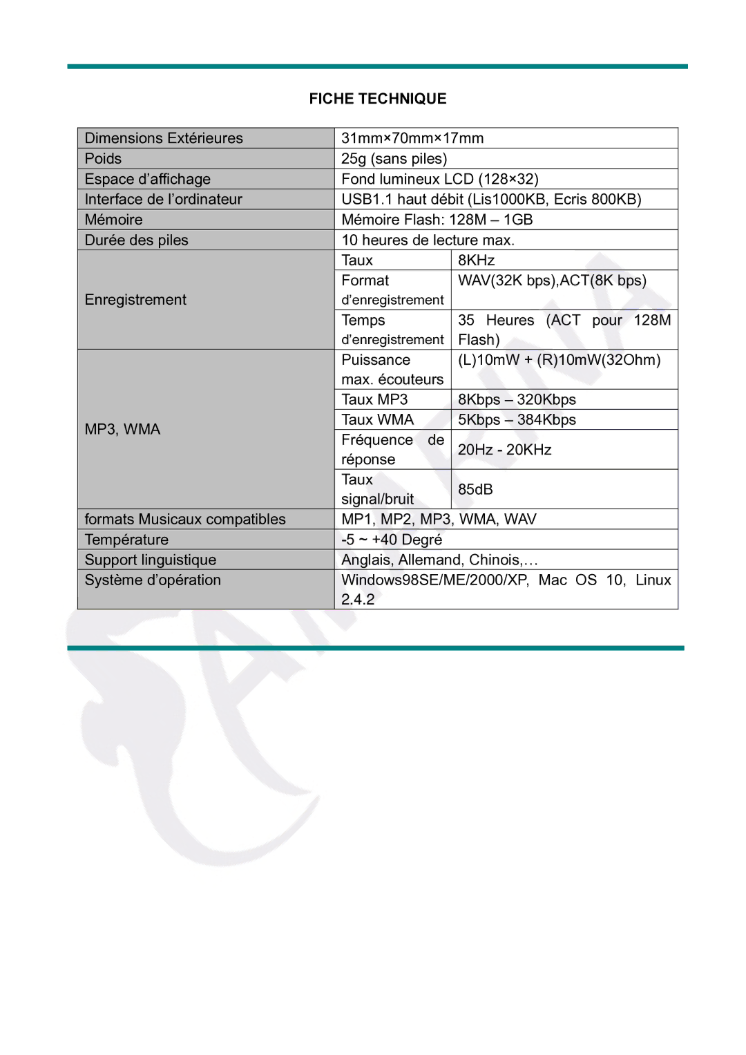 Gembird LECTEUR MOBILITY CLASSIC MP3 manual Fiche Technique, MP3, WMA 