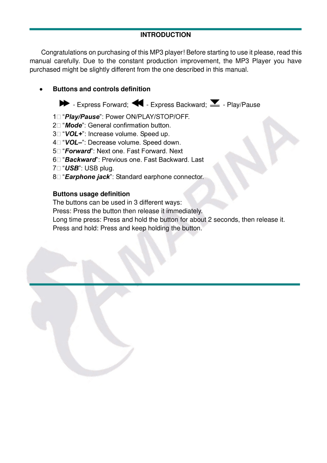 Gembird LECTEUR MOBILITY CLASSIC MP3 manual Buttons and controls definition, Buttons usage definition 