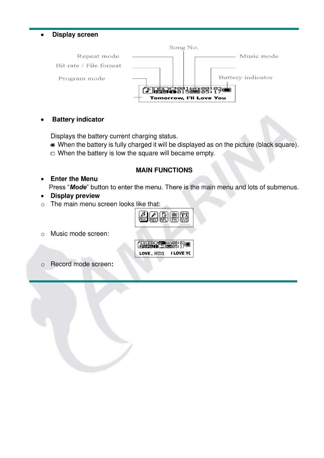 Gembird LECTEUR MOBILITY CLASSIC MP3 manual Display screen Battery indicator, Main Functions,  Enter the Menu 