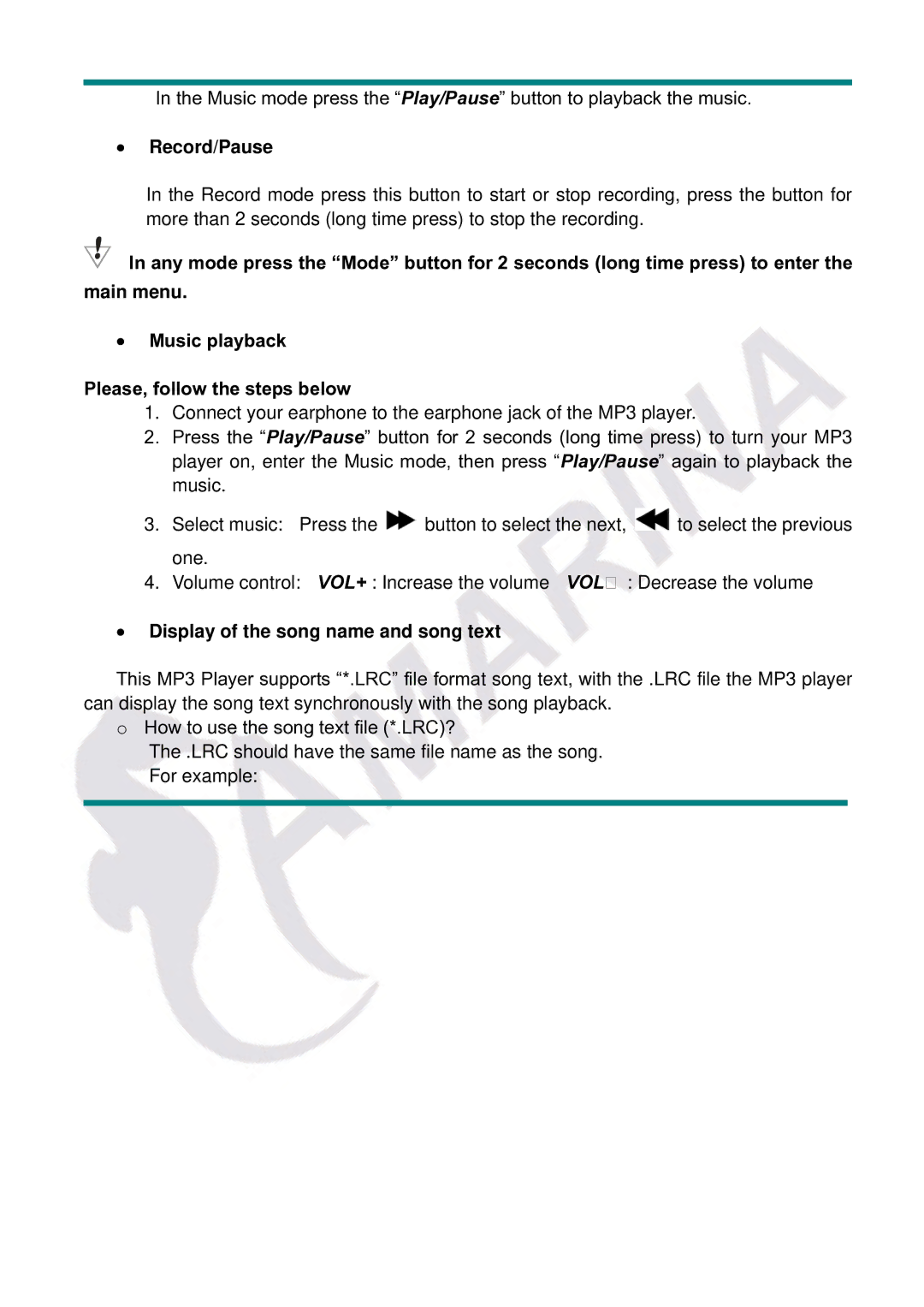 Gembird LECTEUR MOBILITY CLASSIC MP3 manual Record/Pause, Display of the song name and song text 