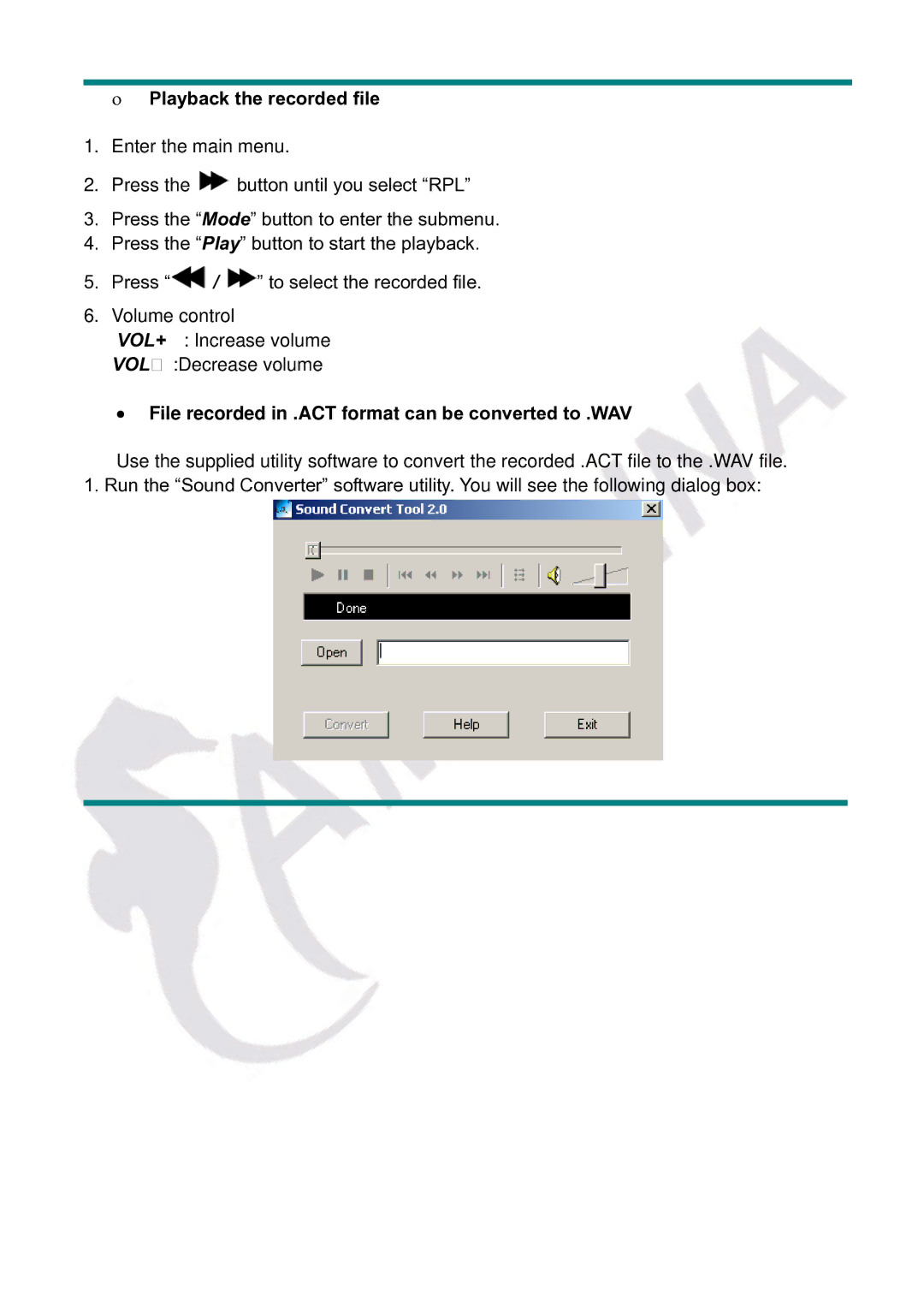 Gembird LECTEUR MOBILITY CLASSIC MP3 Playback the recorded file, File recorded in .ACT format can be converted to .WAV 