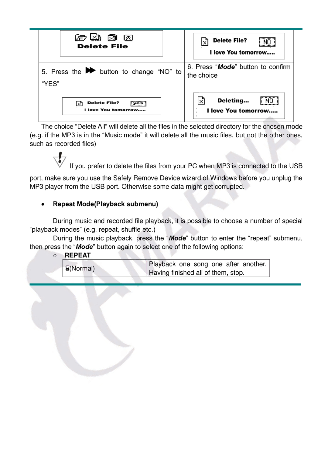 Gembird LECTEUR MOBILITY CLASSIC MP3 manual Repeat ModePlayback submenu 