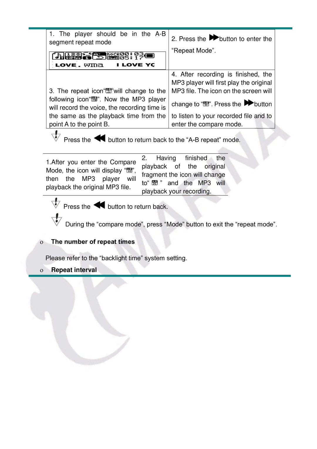 Gembird LECTEUR MOBILITY CLASSIC MP3 manual Number of repeat times, Repeat interval 