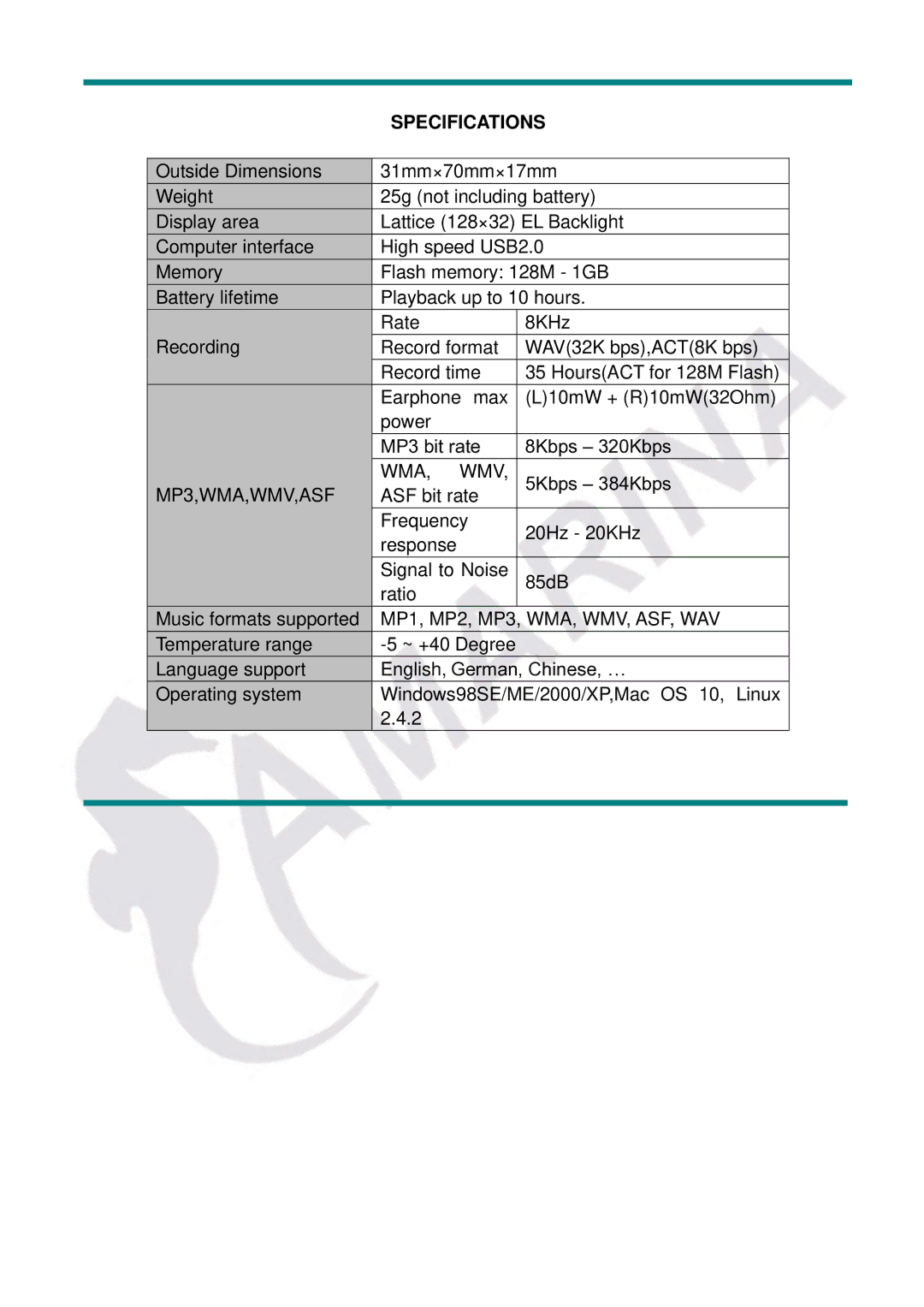 Gembird LECTEUR MOBILITY CLASSIC MP3 manual Specifications, MP3,WMA,WMV,ASF WMA, WMV 