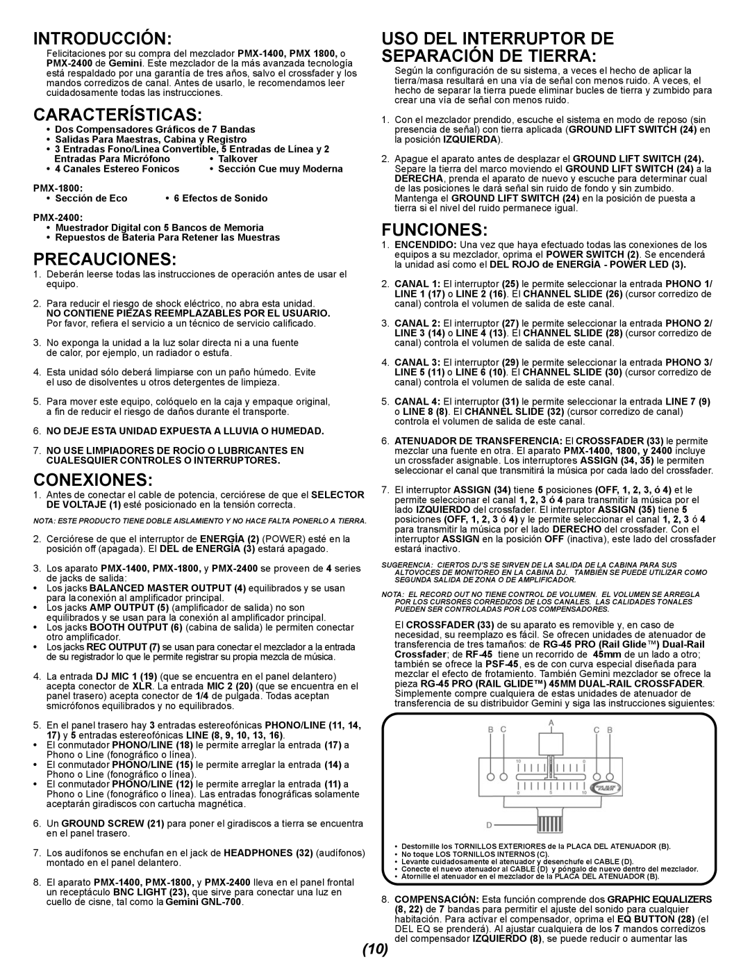 Gemini PMX-1400, 2400 Introducción USO DEL Interruptor DE, Separación DE Tierra, Características, Funciones, Precauciones 