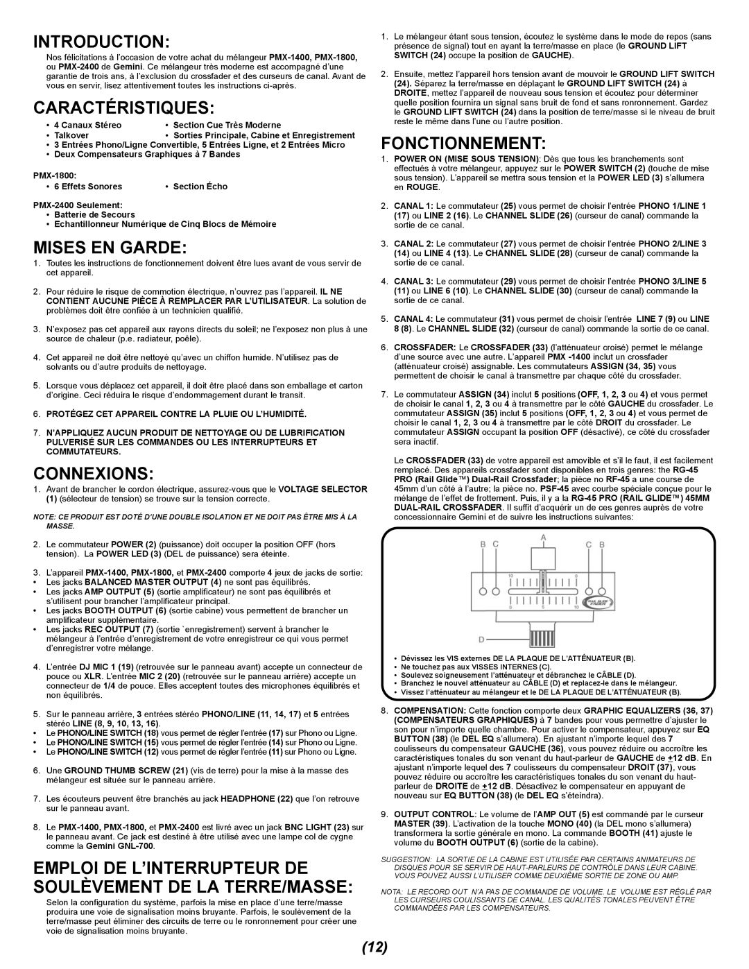 Gemini 2400, PMX-1400, 1800 manual Caractéristiques, Mises EN Garde, Connexions, Fonctionnement 