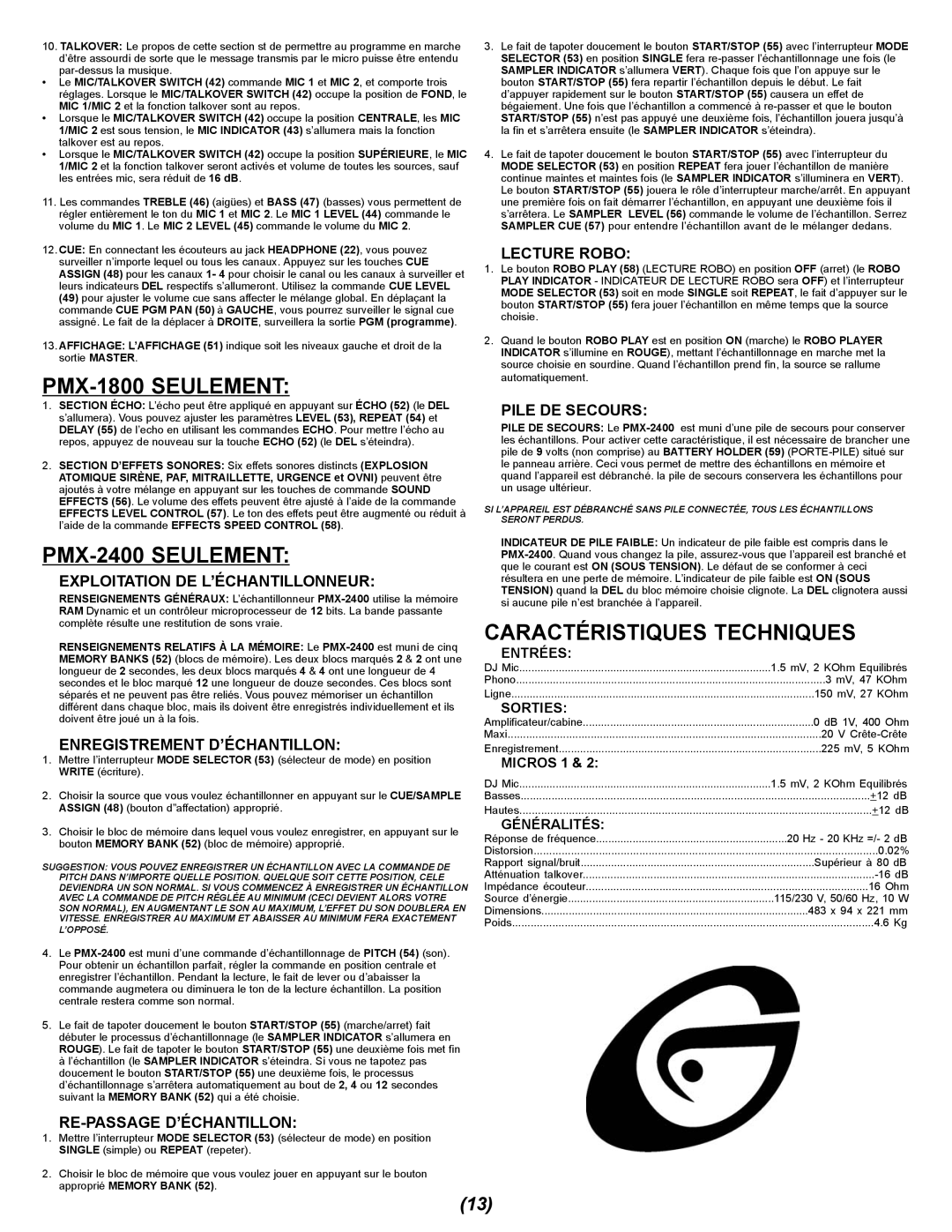 Gemini PMX-1400 manual PMX-1800 Seulement, PMX-2400 Seulement, Caractéristiques Techniques 