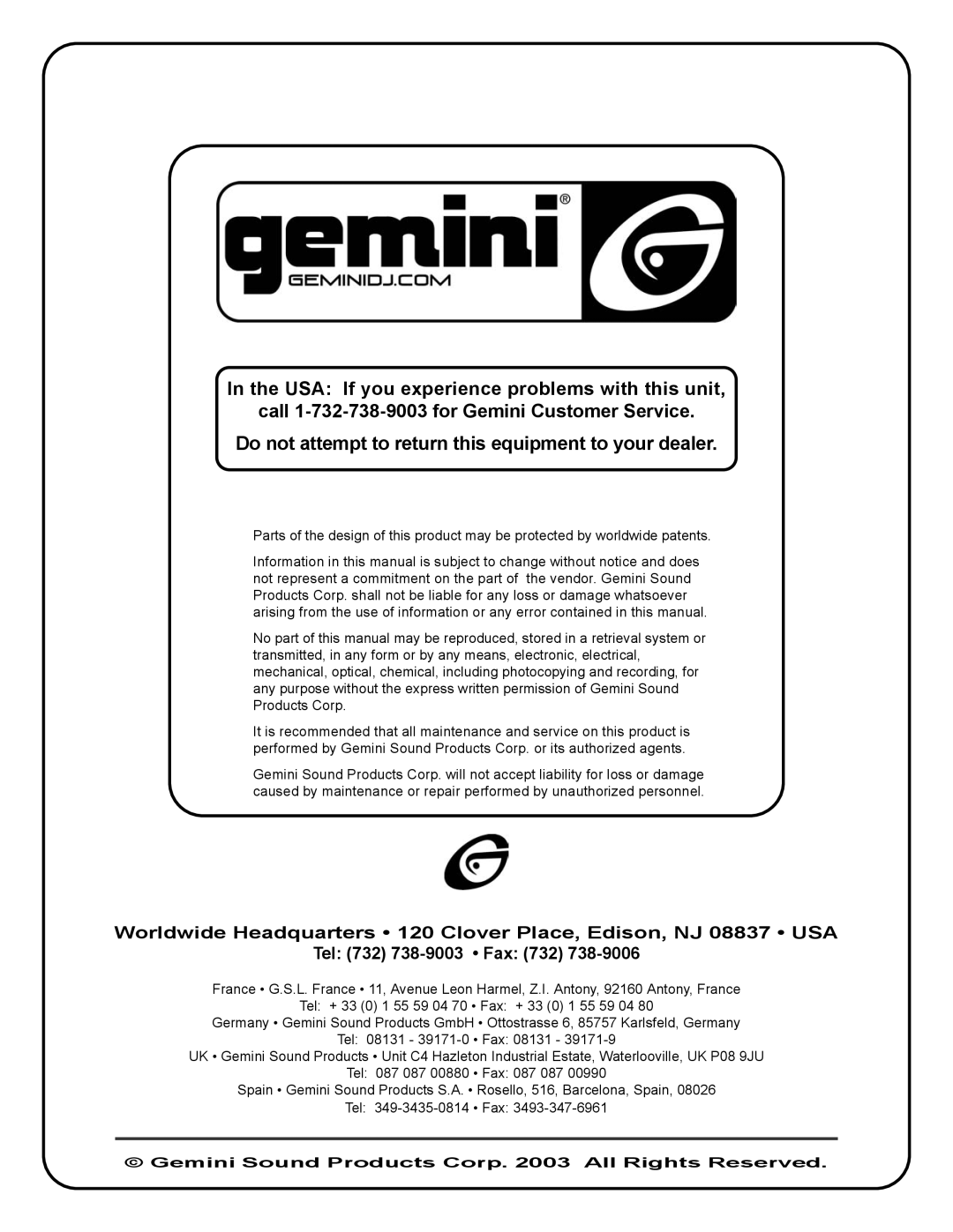 Gemini PMX-1400, 2400, 1800 manual Gemini Sound Products Corp All Rights Reserved 