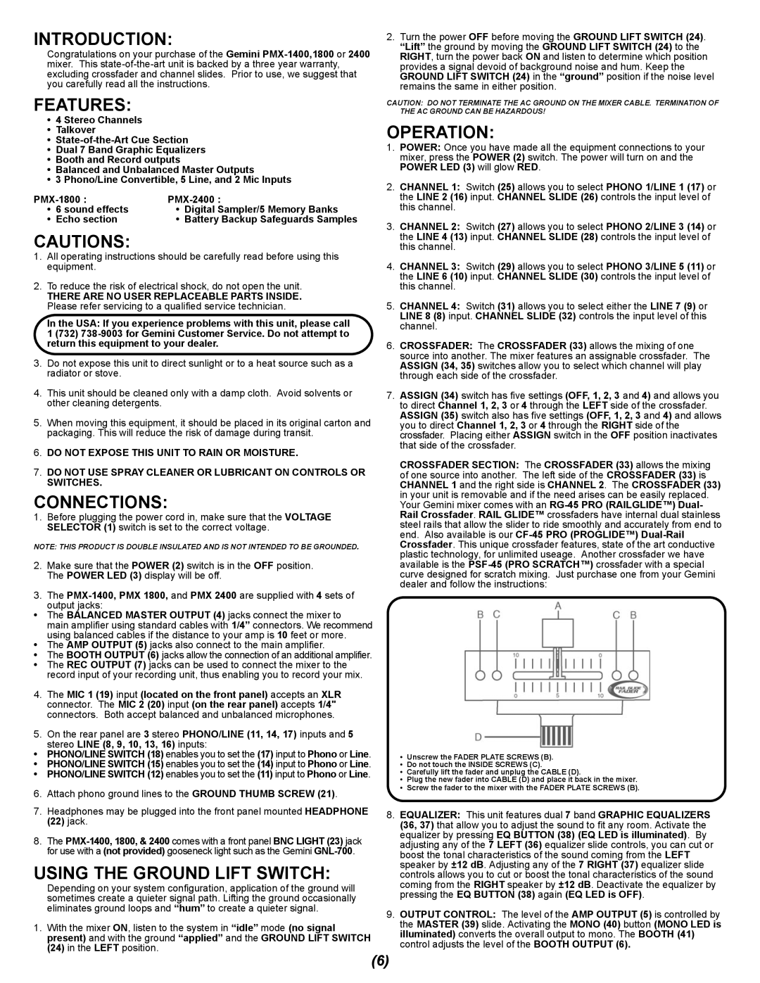 Gemini 2400, PMX-1400, 1800 manual Introduction, Features, Connections, Using the Ground Lift Switch, Operation 