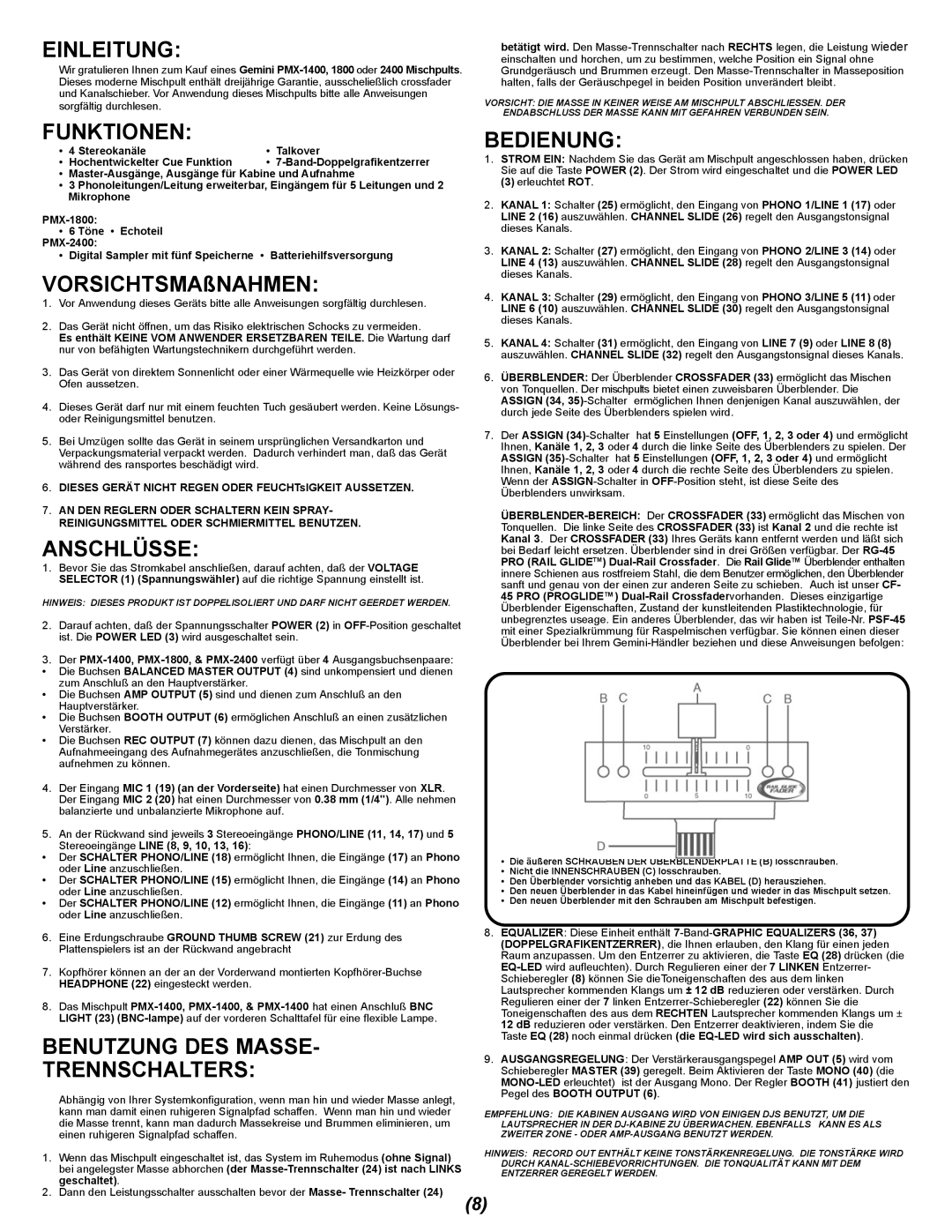 Gemini 1800, 2400, PMX-1400 manual Einleitung, Funktionen, Anschlüsse, Bedienung, Benutzung DES Masse Trennschalters 