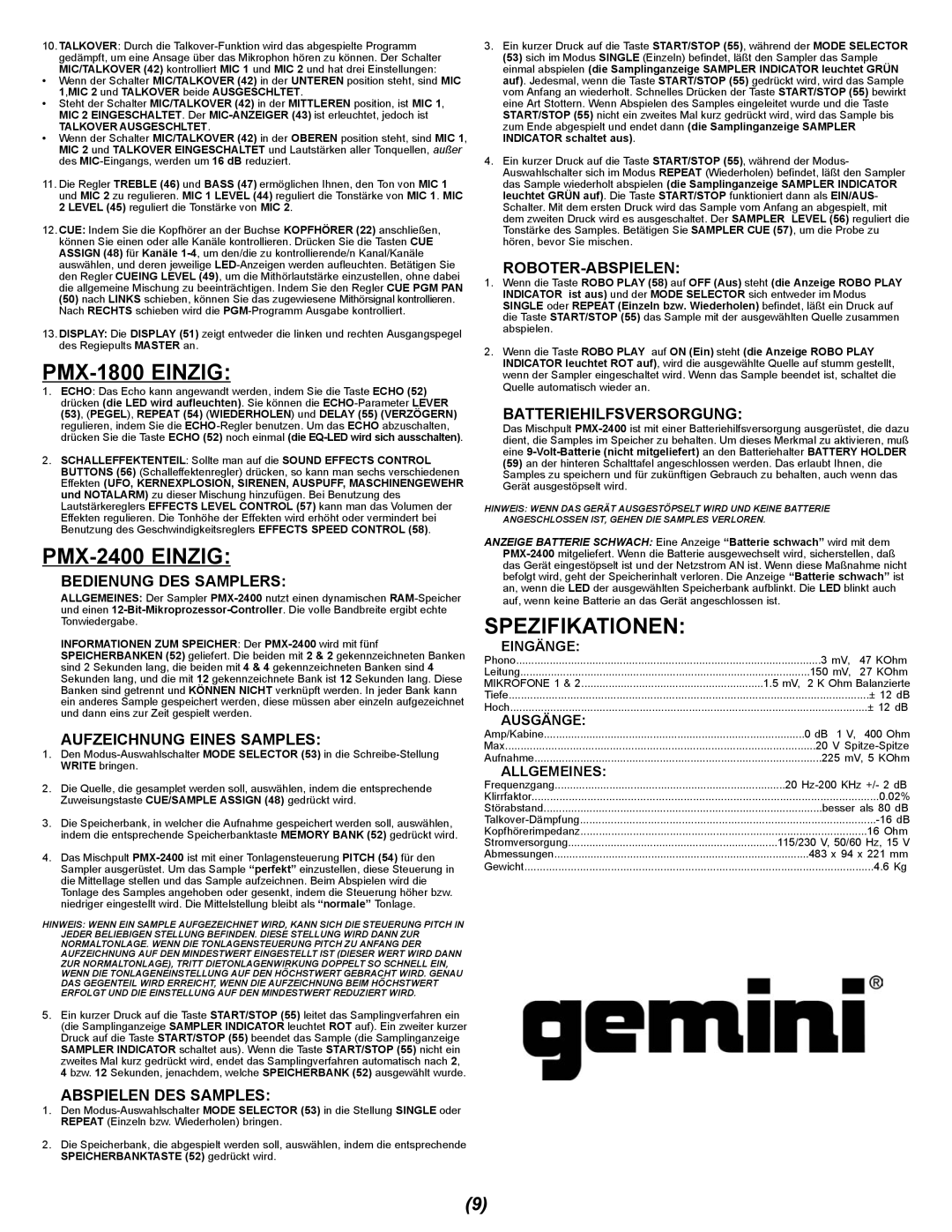 Gemini PMX-1400 manual PMX-1800 Einzig, PMX-2400 Einzig, Spezifikationen 