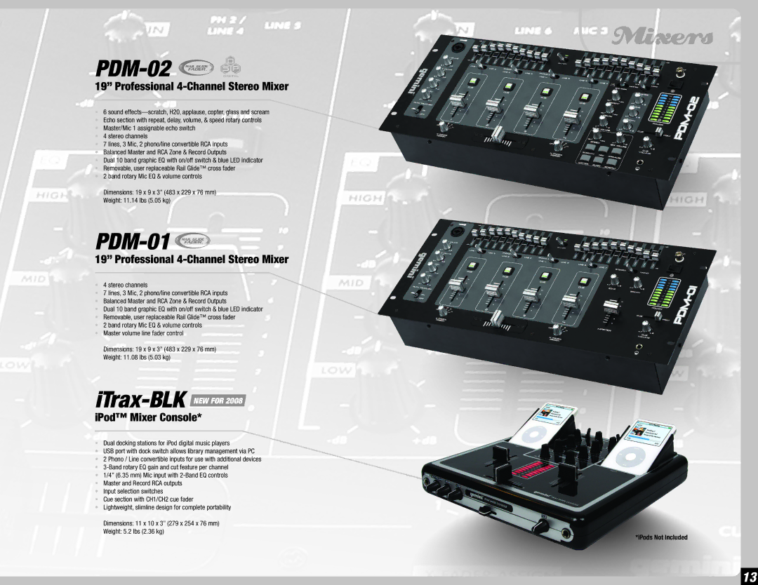 Gemini 36 manual PDM-02, PDM-01, Professional 4-Channel Stereo Mixer, IPod Mixer Console 