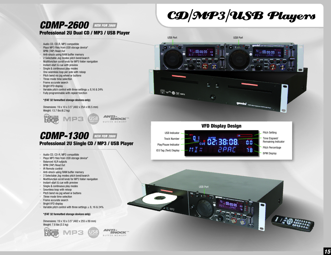 Gemini 36 CD/MP3/USB Players, Professional 2U Dual CD / MP3 / USB Player, Professional 2U Single CD / MP3 / USB Player 