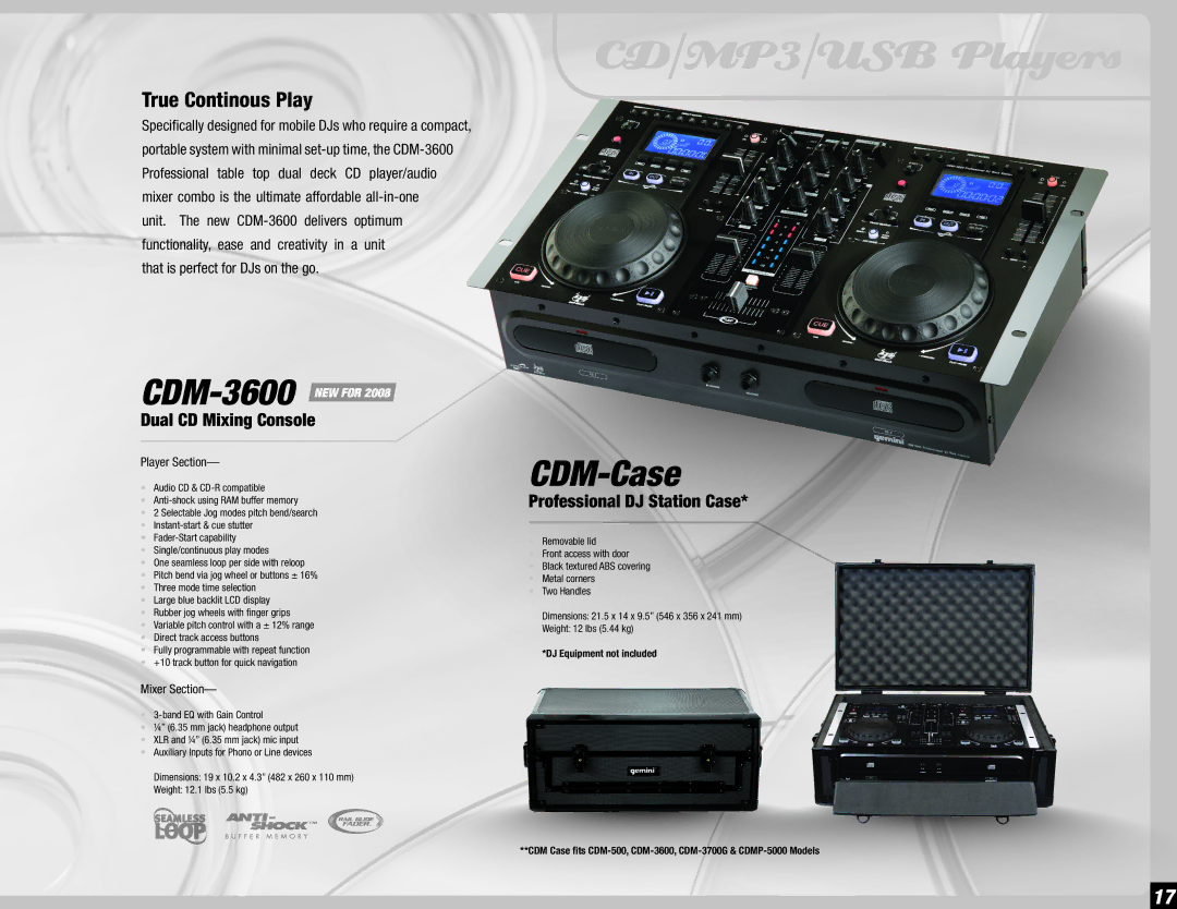 Gemini 36 manual CD/MP3/USB Players, CDM-Case, Dual CD Mixing Console, Professional DJ Station Case 