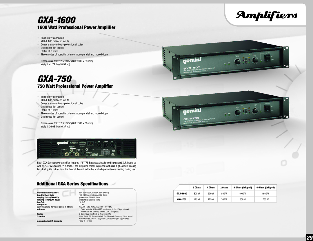 Gemini 36 manual Amplifiers, GXA-1600, GXA-750, Watt Professional Power Amplifier, Additional GXA Series Specifications 