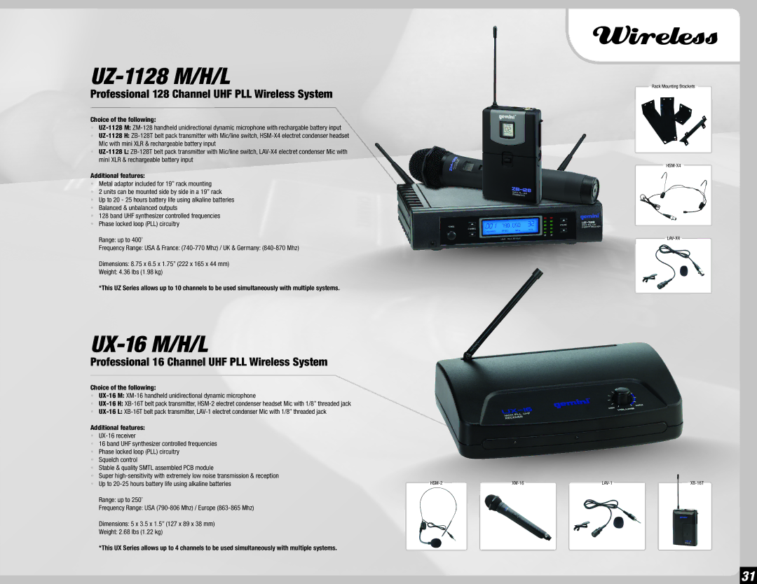 Gemini 36 manual UZ-1128 M/H/L, UX-16 M/H/L, Professional 128 Channel UHF PLL Wireless System 