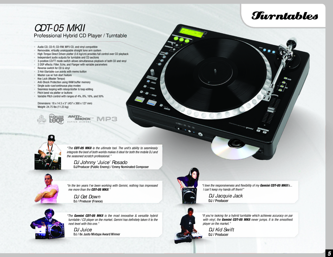 Gemini 36 manual Turntables, Professional Hybrid CD Player / Turntable 