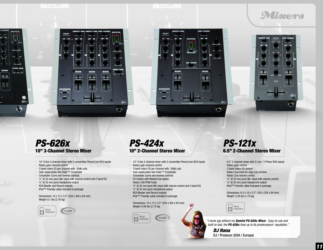 Gemini 36 manual Mixers, PS-626x, PS-424x, PS-121x, 10” 3-ChannelStereo Mixer, 10” 2-ChannelStereo Mixer 