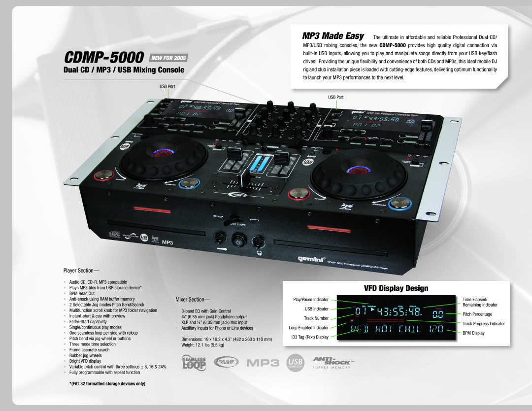 Gemini 36 manual Dual CD / MP3 / USB Mixing Console, VFD Display Design, CDMP-5000 NEW FOR, Player Section, Mixer Section 