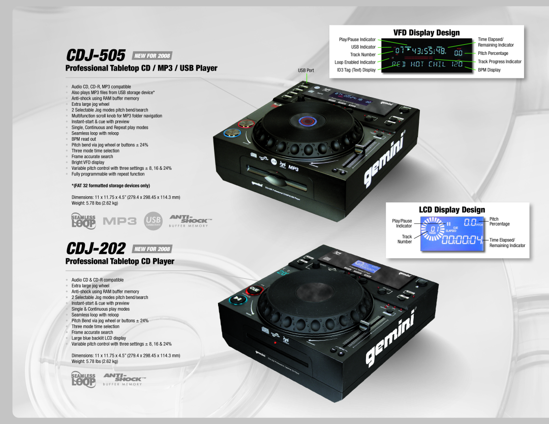 Gemini 36 CDJ-505, CDJ-202, Professional Tabletop CD / MP3 / USB Player, LCD Display Design, VFD Display Design, New For 